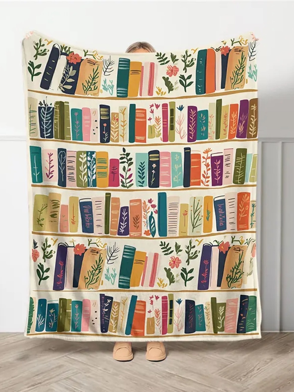 Floral Bookshelf Botanical Cream Fleece Throw Blanket Book Lover Gift